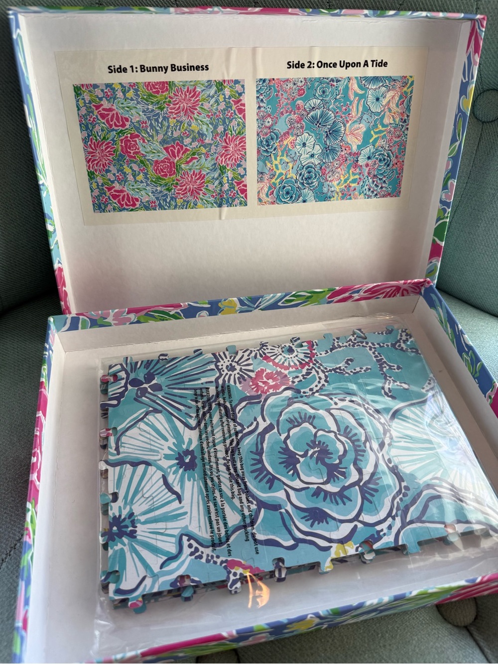 Lilly Pulitzer 2 sided Jigsaw Puzzle in Bunny Business and Once Upon a Tide